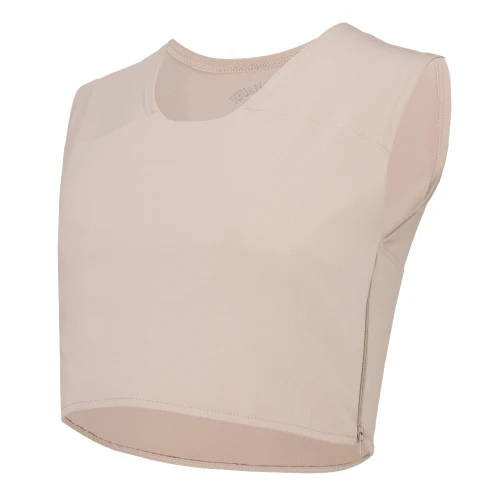 Zdjęcie produktowe beżowego bindera spłaszczającego klatkę piersiową w fasonie short. Cielisty top kompresyjny z gładkiego materiału, wyposażony w dyskretny zamek z boku.