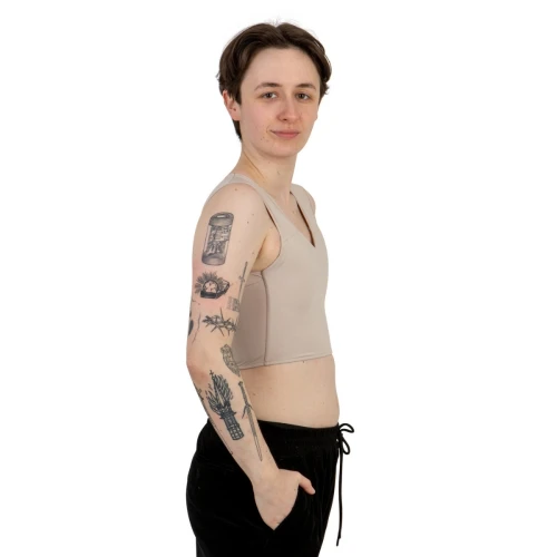 Beżowy binder FTM krótki Basic, widok z boku, krótki krój.